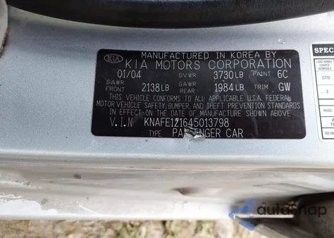 2004 Kia Spectra Lx/Ex from USA, damaged, VIN KNAFE121645013798